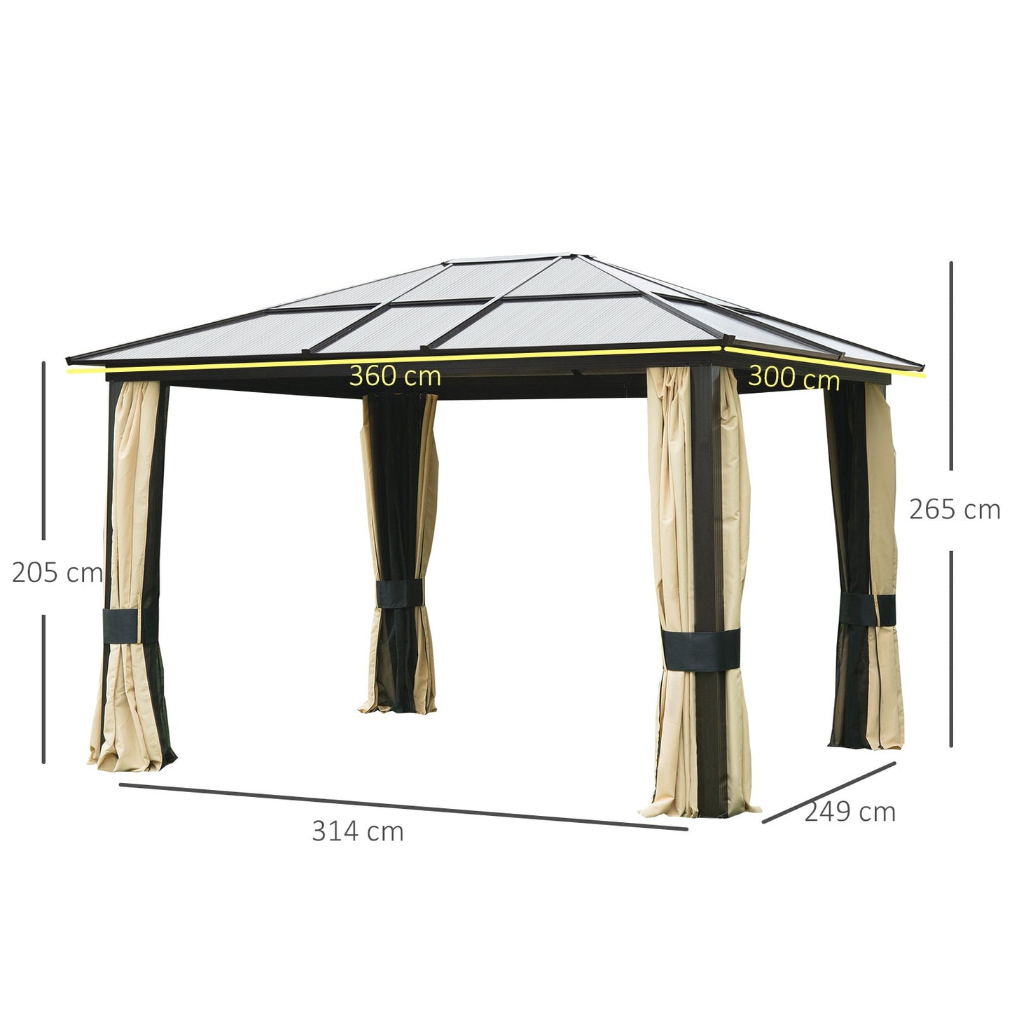 3.6 x 3(m) Hardtop Gazebo Canopy with Polycarbonate Roof and Aluminium Frame, Garden Pavilion with Mosquito Netting and Curtains, Brown