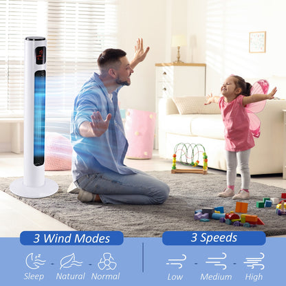 38'' Freestanding Tower Fan, 3 Speed 3 Mode, 12h Timer, 70 Degree Oscillation, LED Panel, 5M Remote Controller, White