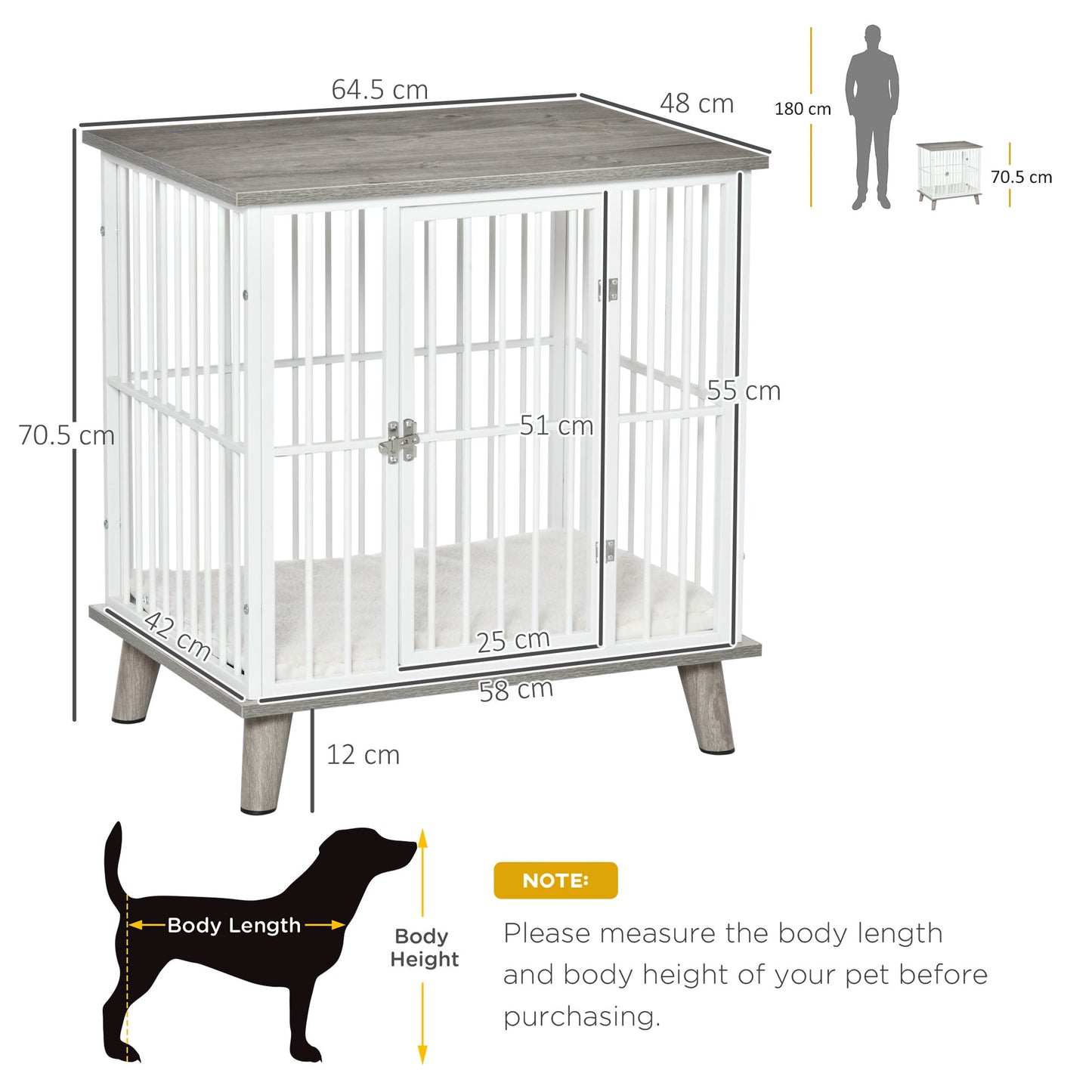 PawHut Dog Crate, Furniture Style Pet Cage Kennel, End Table, Decorative Dog House, with Soft Cushion, Wooden Top, Door, for Small Dogs, Indoor Use, Grey House,w/