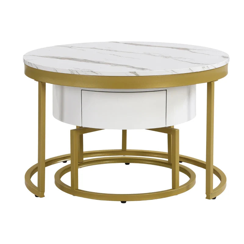 Rotating Round Marble Coffee Table Set, High Gloss Pattern with Golden Metal Frame, Set of 2, 70x70x45 cm + 50x50x38.5 cm, White