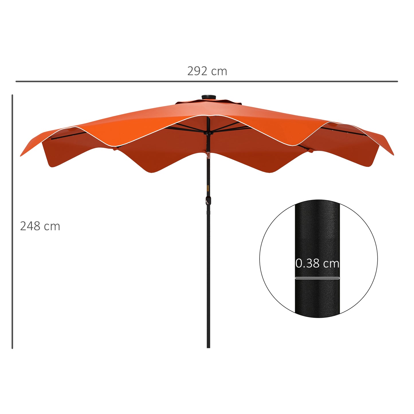 Parasol tarasowy solarny Outsunny z diodami LED i funkcją pochylania, parasol ogrodowy z korbą, 3 x 3 (m), pomarańczowy