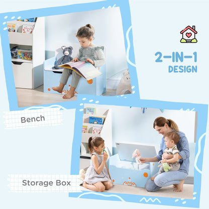 ZONEKIZ 2-IN-1 Wooden Toy Box, Kids Storage Bench Toy Chest with Safety Pneumatic Rod, Rocket Pattern, Blue