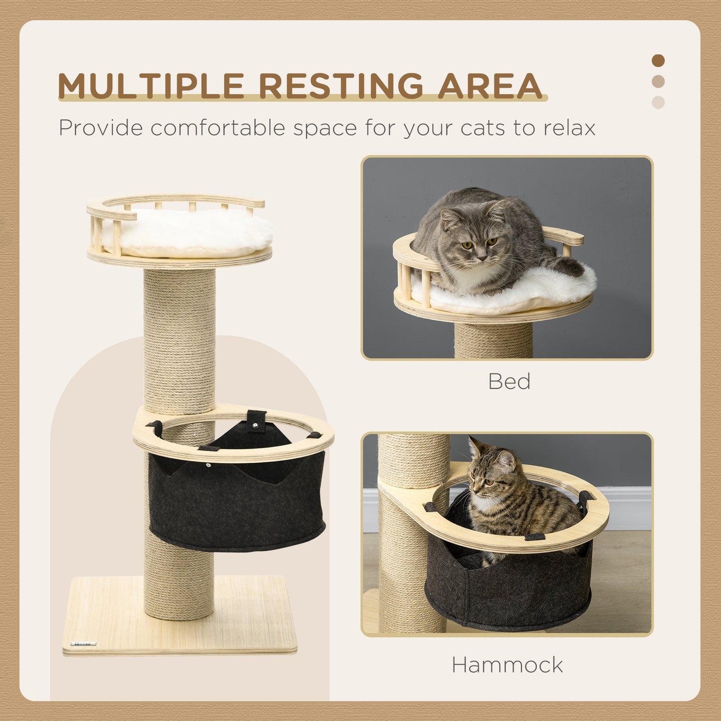 PawHut Cat Tree, with Hammock, Bed, Jute Scratching Post - Natural Finish