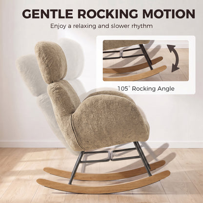 HOMCOM Upholstered Rocking Chair Adjustable Headrest Rocker Chair Raindrop Velvet Rubberwood Base Light Brown