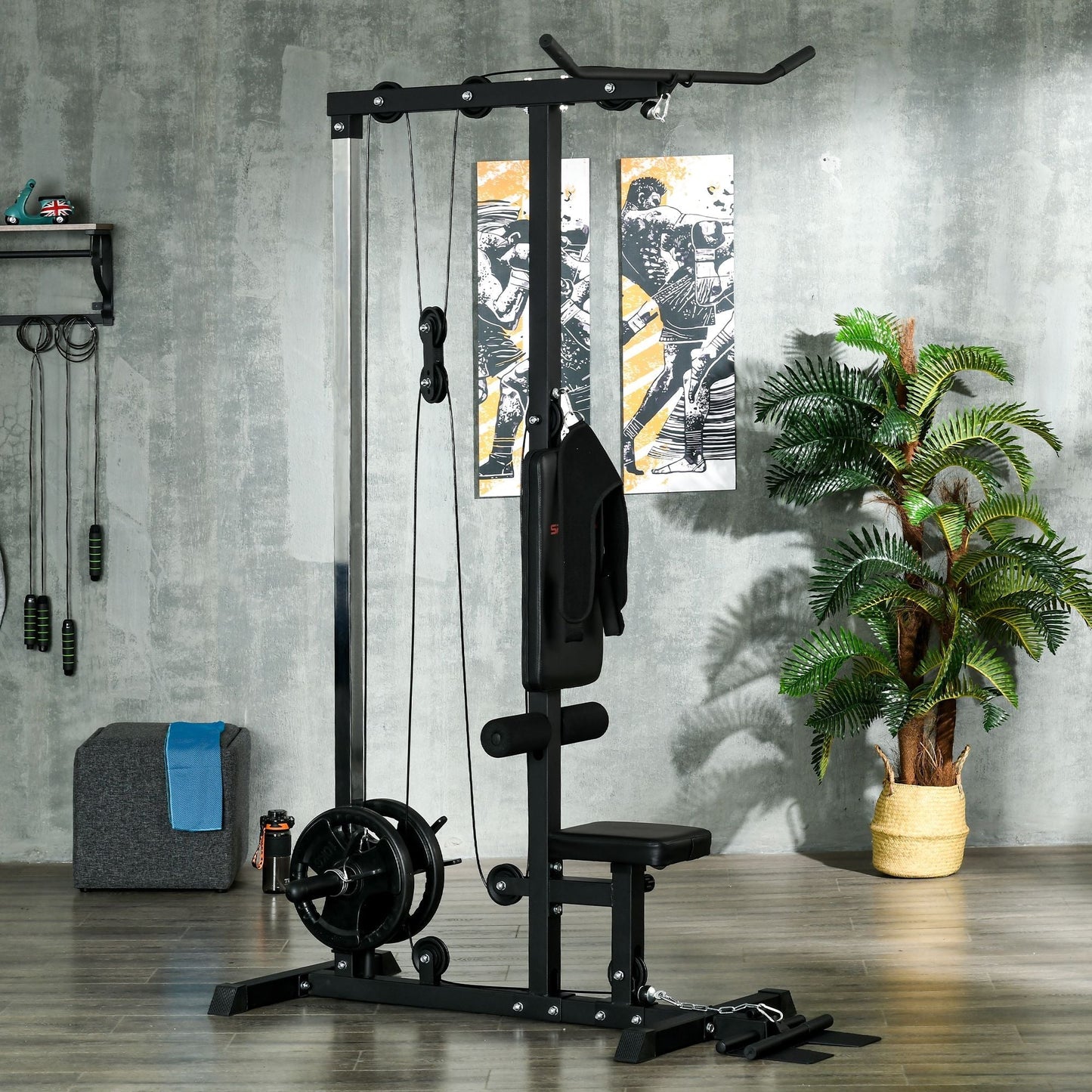 Pull Up Station with Adjustable Seat, Power Tower for Chin up / Lat Pulldown Exercises, Multi-Function Fitness Equipment with Flip-Up Footplate