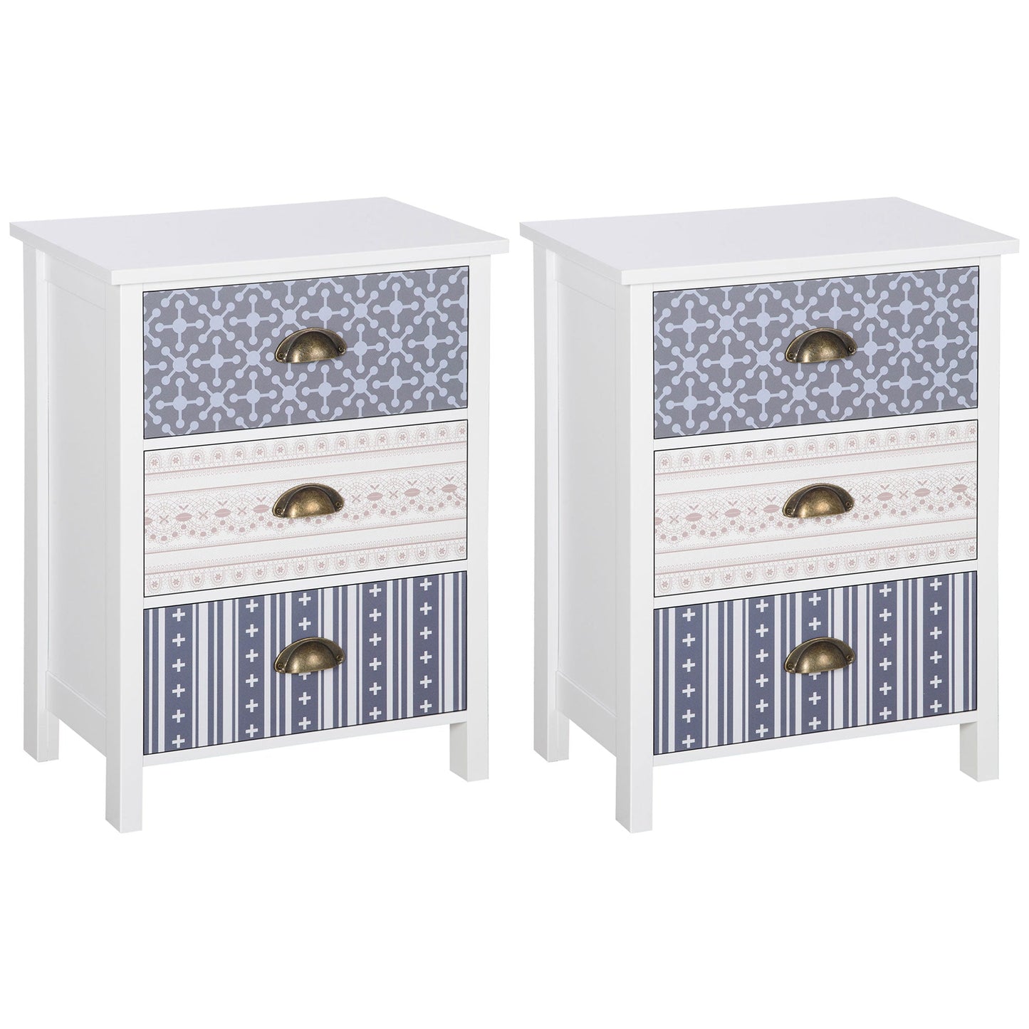 HOMCOM Bedside Table Set of 2 Chest of 3 Drawers Shabby Chic Nightstands with Metal Handle Sofa Side Table for Living Room, Bedroom,Purple