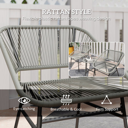Outsunny 3 Pieces Rattan Bistro Set, Wicker Small Garden Table and Chairs Set with Cushions and Glass Top Coffee Table, Bistro Garden Furniture Set for Outdoor, Patio, Balcony, Light Grey