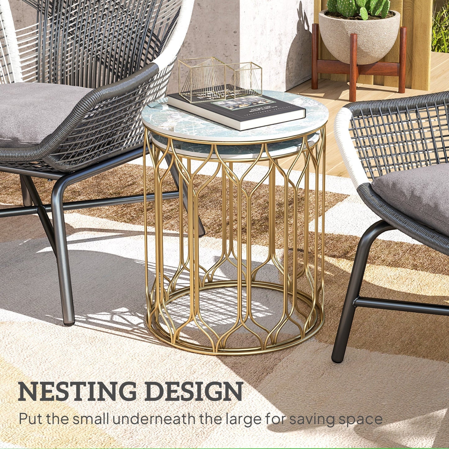 Outsunny Round Coffee Table Set of 2, Modern Nesting Tables with Ceramic Tile Top, Small End Tables, Indoor Outdoor Side Table with Metal Frame for Living Room, Bedroom, Patio, Balcony, Multicoloured