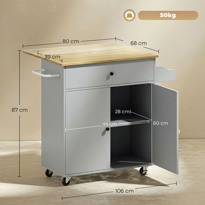 HOMCOM Kitchen Island with Drop Leaf, Rolling Kitchen Storage Trolley on Wheels with Drawer, Spice Rack and Towel Rack, Grey