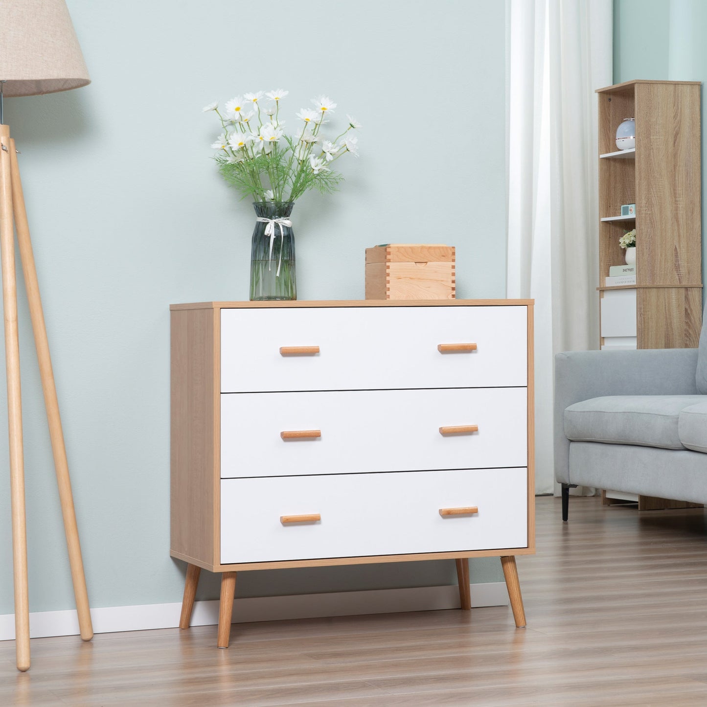 HOMCOM Chest of Drawers with 3 Drawers, Bedroom Cabinet, Storage Organizer for Living Room, White and Natural