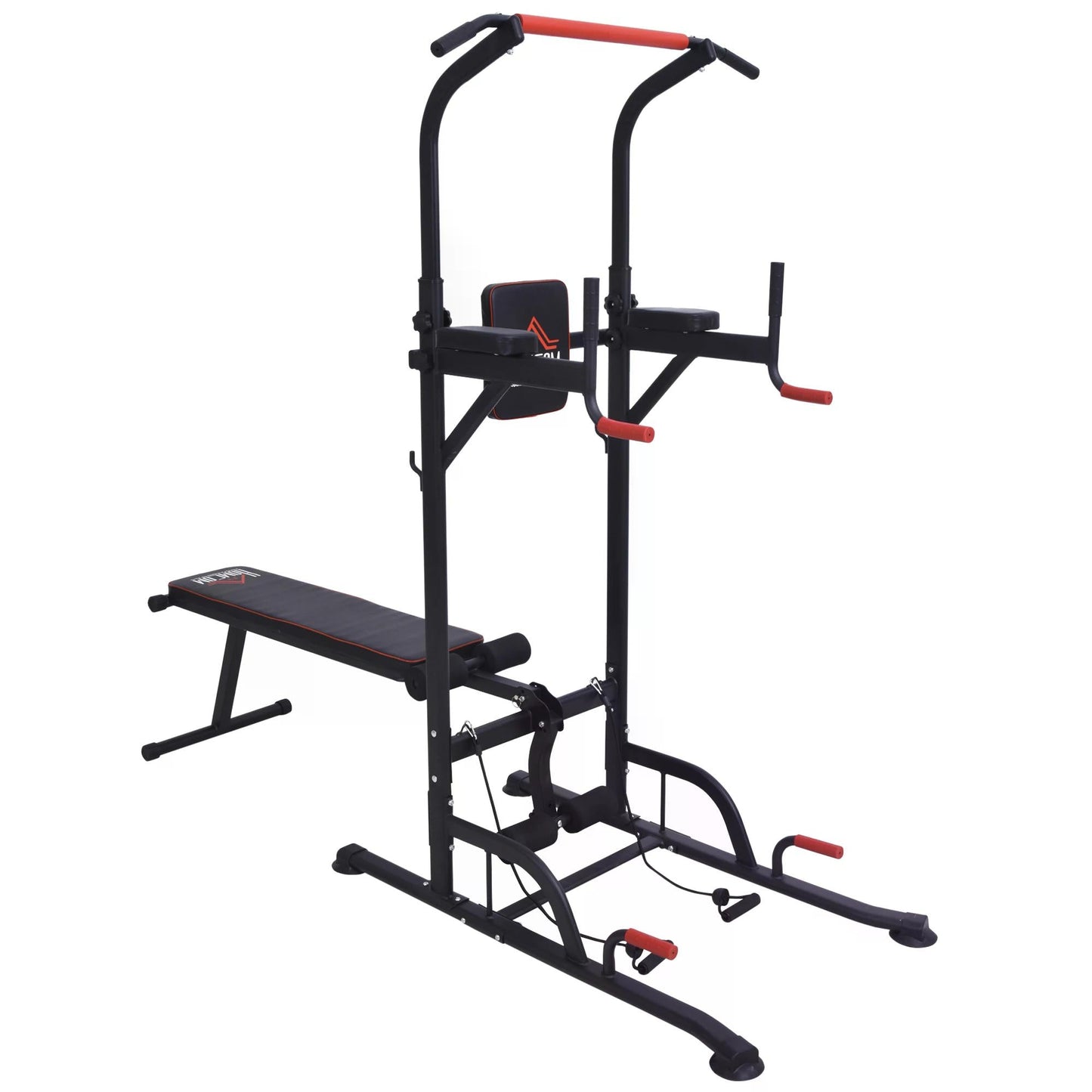 HOMCOM Multifunction Power Tower Home Workout Dip Station w/ Sit-up Bench Push-up Bars and Tension Ropes Fitness Equipment Office Gym Training