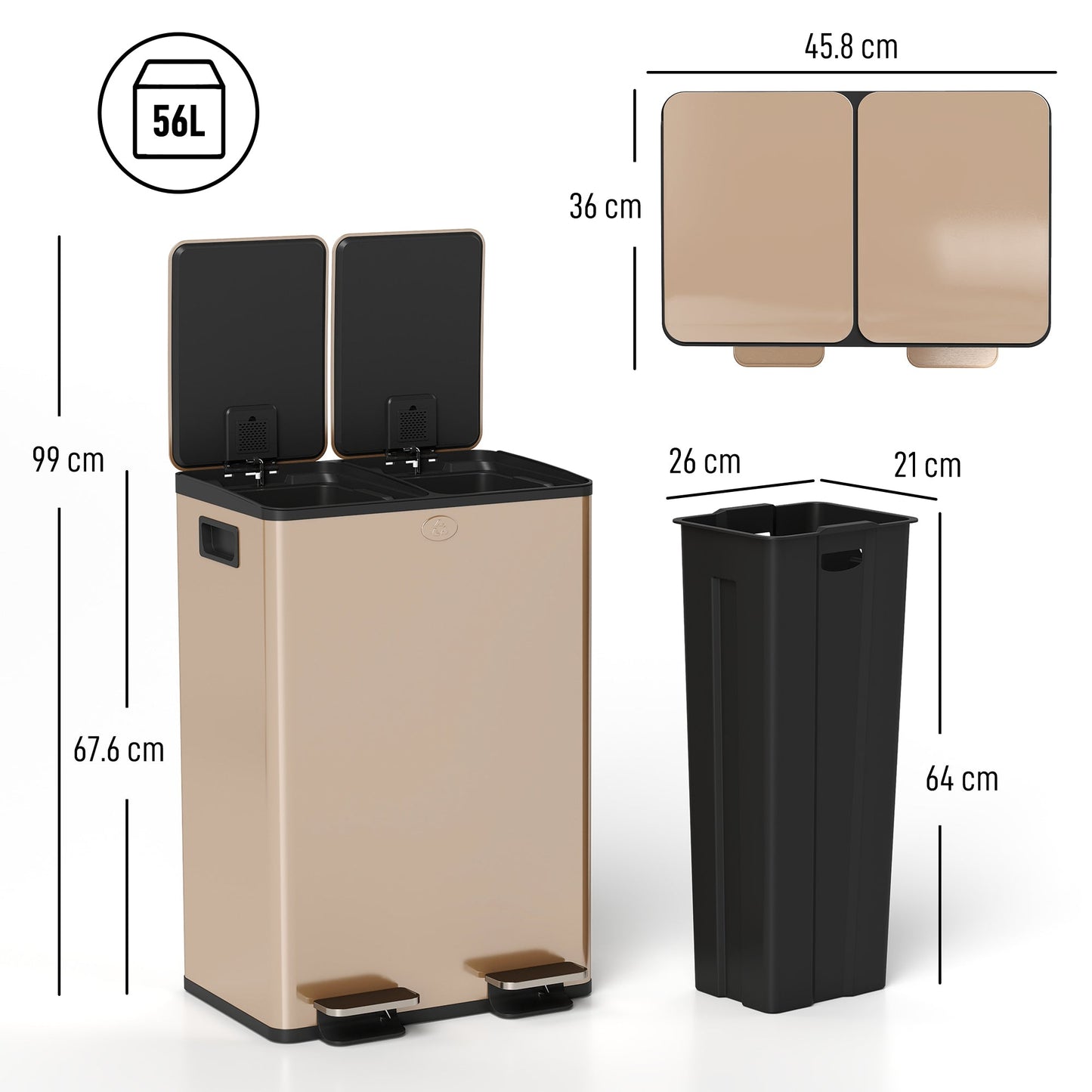 HOMCOM 56L Dual Compartment Stainless Steel Bin, with Deodoriser Holders - Gold Tone