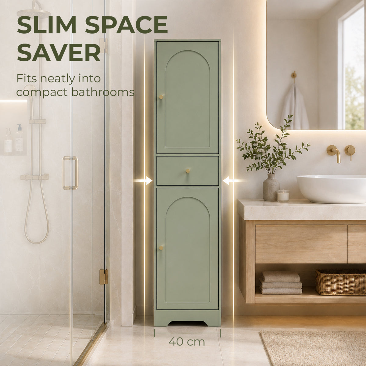 HOMCOM Tall Bathroom Cabinet with Arched Doors - Light Green
