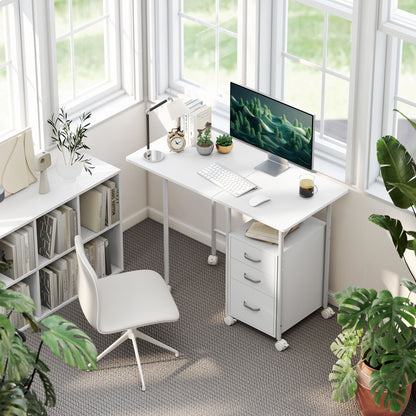 HOMCOM 105 x 51 cm Foldable Office Deskwith 3 Drawers, Extendable Top, Wheels, White