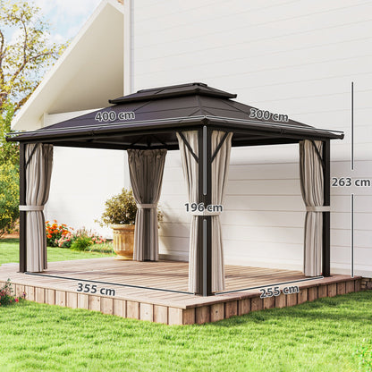 Altana ogrodowa Outsunny 3 x 4 m Hardtop z podwójnym dachem z poliwęglanu UPF30+, aluminiowa rama, stały pawilon z moskitierą i zasłonami na patio, taras, beżowa