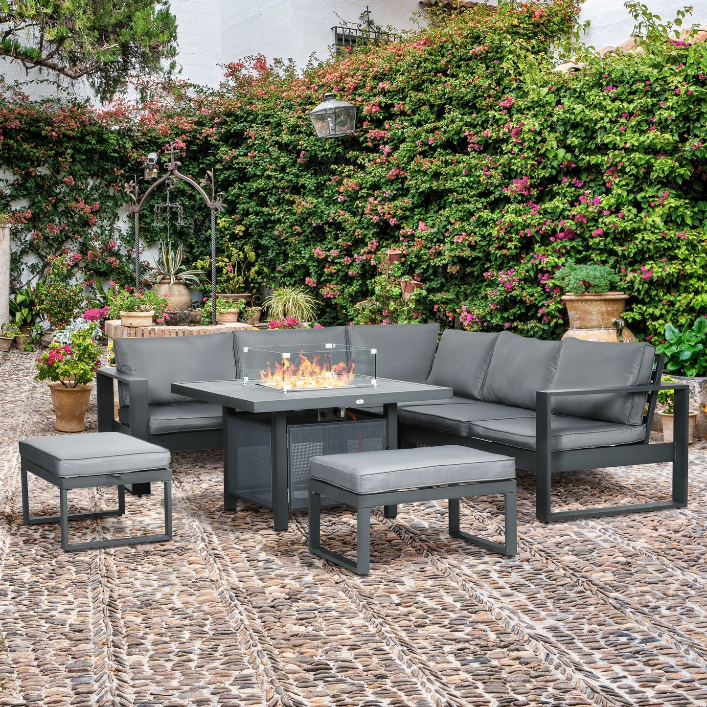 Outsunny 6-Piece Aluminium Garden Furniture Set with Fire Pit Table, Outdoor Dining Sofa Set with Cushions, Loveseats and Footstools, Sectional Corner Conservatory Furniture for Patio, Grey