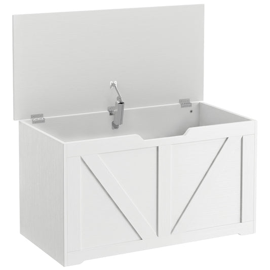 HOMCOM 100L Home Storage Box, with Safety Hinge - White Wood-Effect