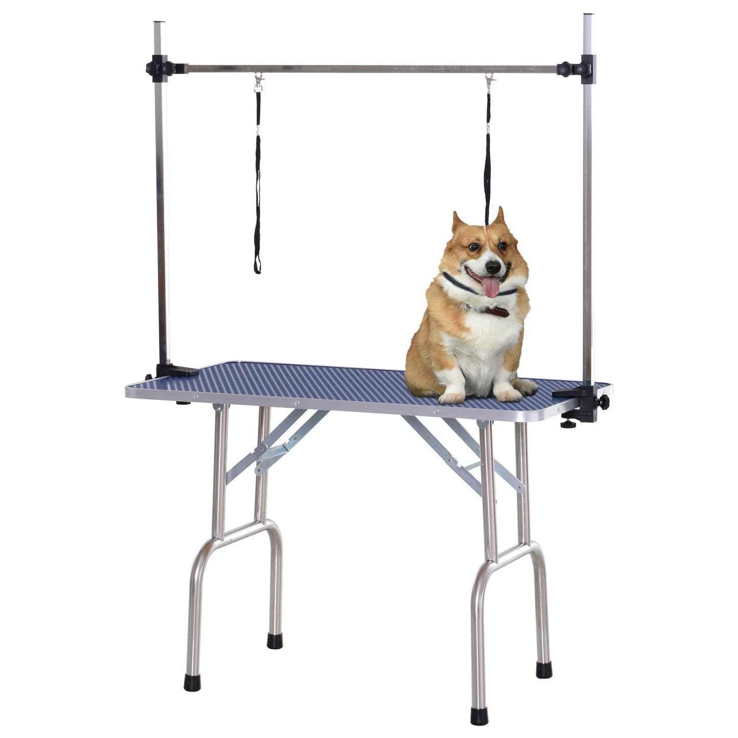 PawHut Adjustable Dog Grooming Table Rubber Top 2 Safety Slings Mesh Storage Basket Heavy Metal Blue 107 x 60 x 170cm