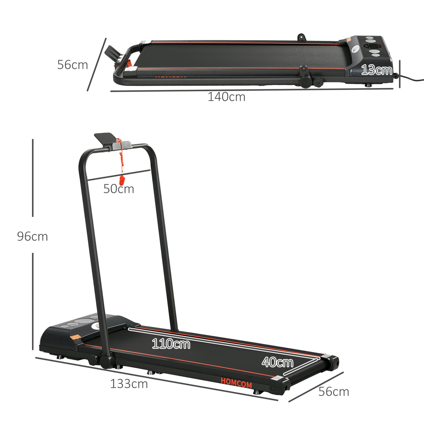 HOMCOM Foldable Walking Treadmill, with LED Display and Wheels, for Home, Office & Fitness Studio, Red