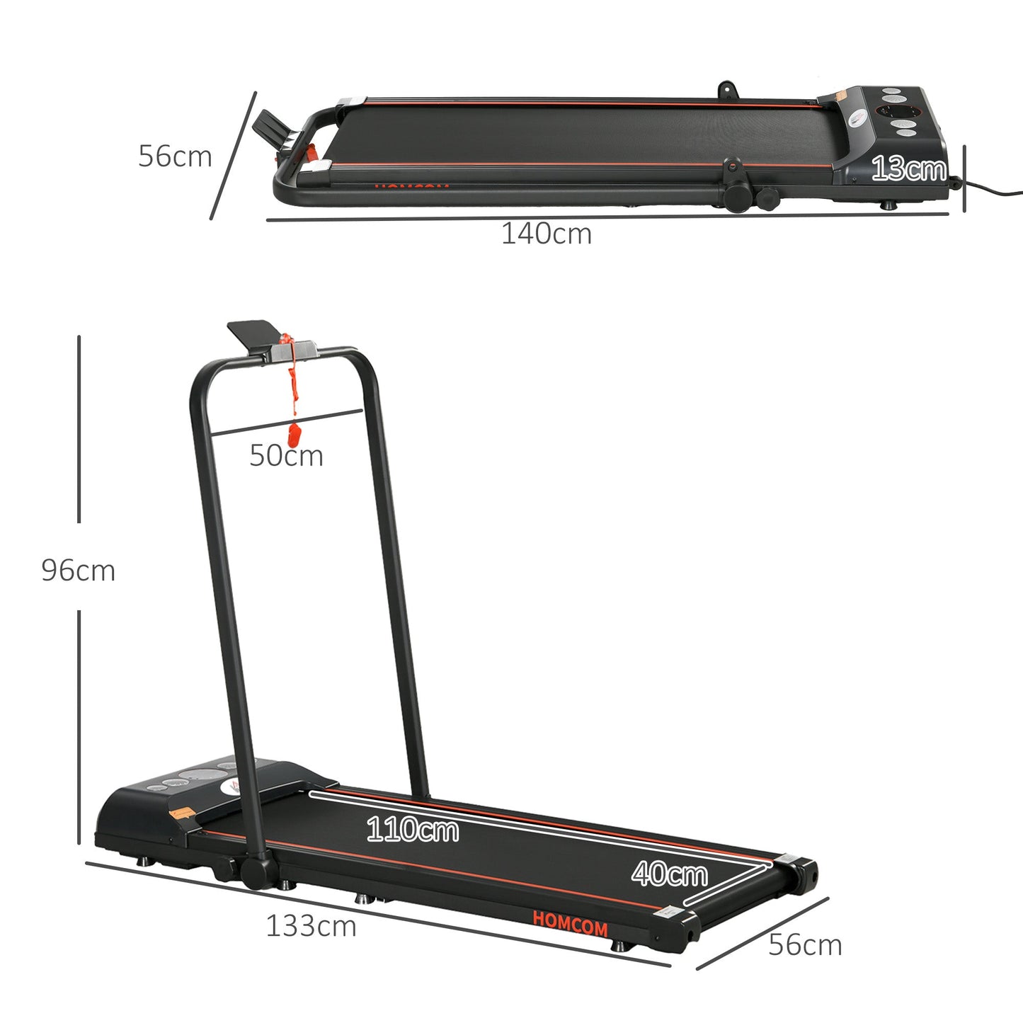 HOMCOM Foldable Walking Treadmill, with LED Display and Wheels, for Home, Office, Gym, Red