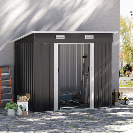 Szopa ogrodowa Outsunny 7 x 4 stopy z zestawem fundamentowym, dobudówka do metalowej szopy ogrodowej na drewno, kosz na śmieci, narzędzia, kosiarkę, rower, patio i trawnik, czarna