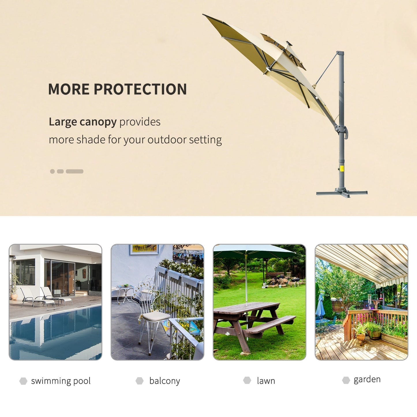 Outsunny 3m Cantilever Parasol w/ Solar Lights Power Bank Cross Base مظلة قابلة للتعديل 360 درجة تدور في الهواء الطلق مظلة حديقة 2-Tier Roof Sun Shade كاكي