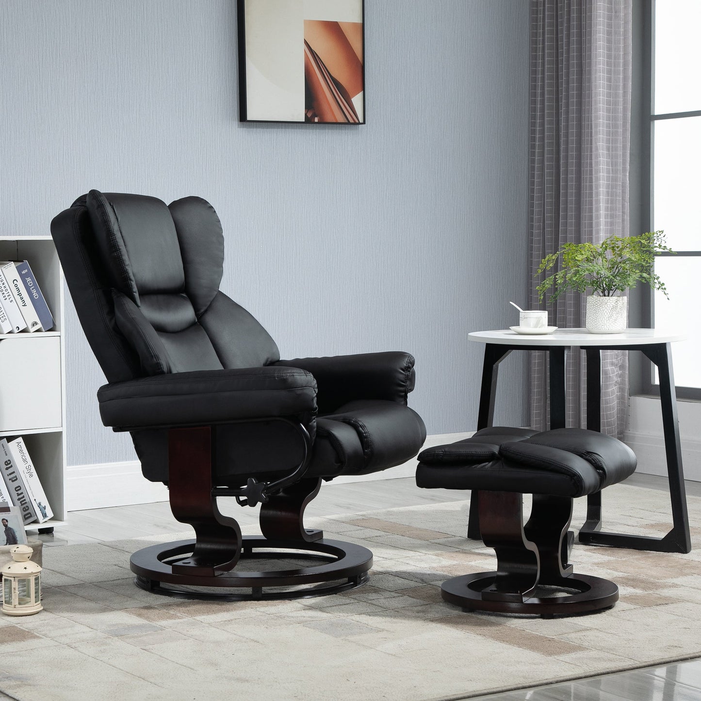 HOMCOM 360Â° Swivel Recliner Chair with Footstool, PU Leather Manual Recliner Armchair with Footstool, Solid Wood Base, Upholstered Reclining Chair for Living Room, Bedroom, Office, Black