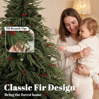 HOMCOM 6ft Artificial Christmas Tree with Pinecones, Red Berries, Hinged Predecorated Xmas Tree with 2843 Branch Tips