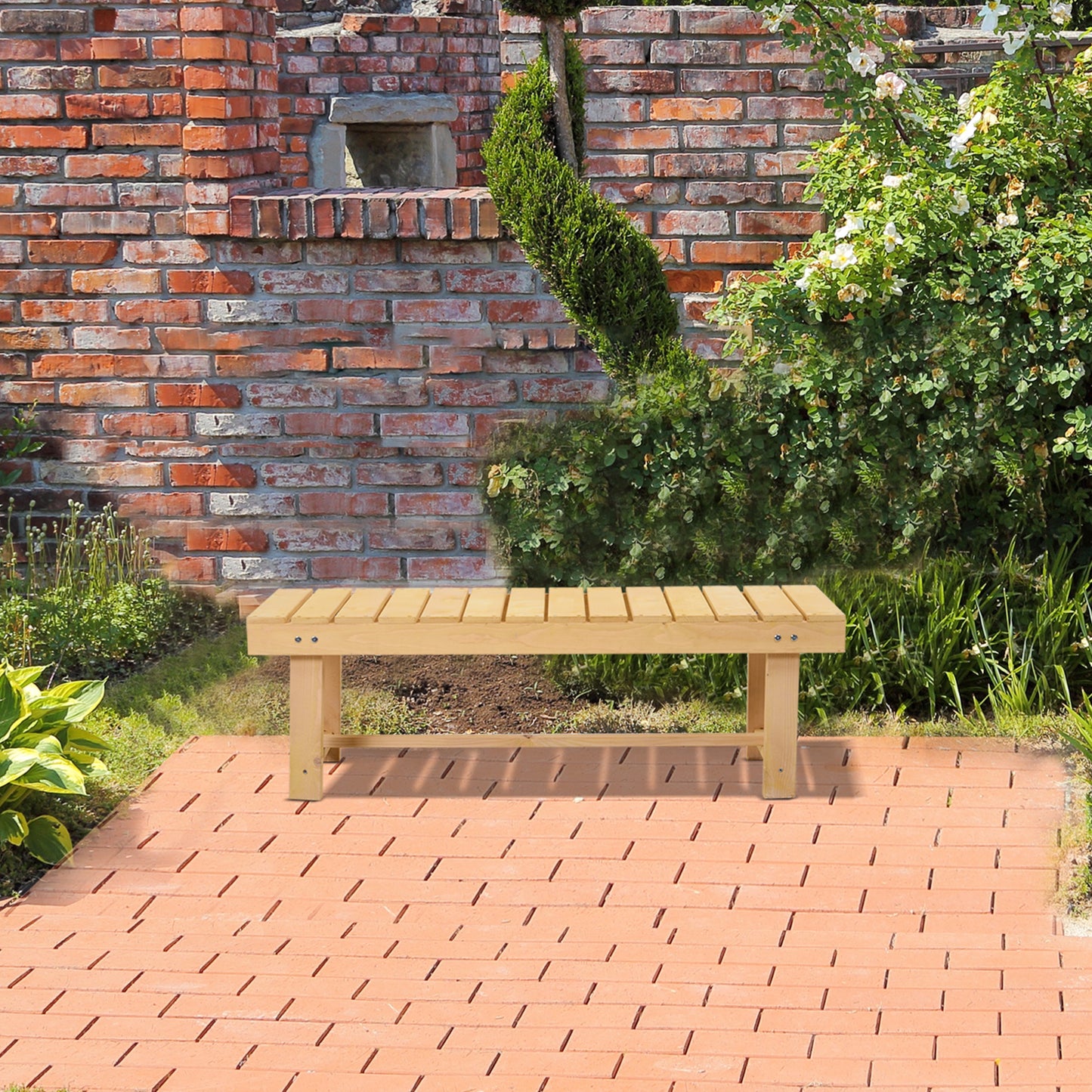 Outsunny 5-częściowa drewniana ławka ogrodowa do użytku wewnątrz i na zewnątrz, 2-osobowa, jodła, 110 dł. x 38 szer. x 35 wys. cm, kolor naturalny