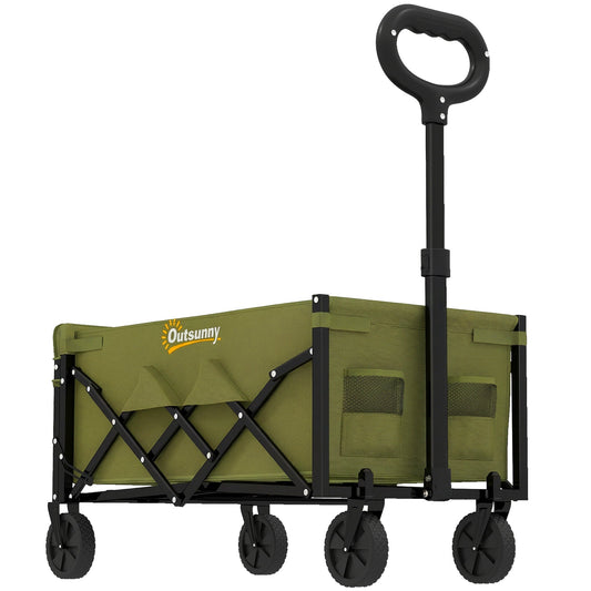 Outsunny 80L Foldable Festival Trolley on Wheels, Collapsible Wagon Cart with Drop-Down Tailgate, Adjustable Handle, Green
