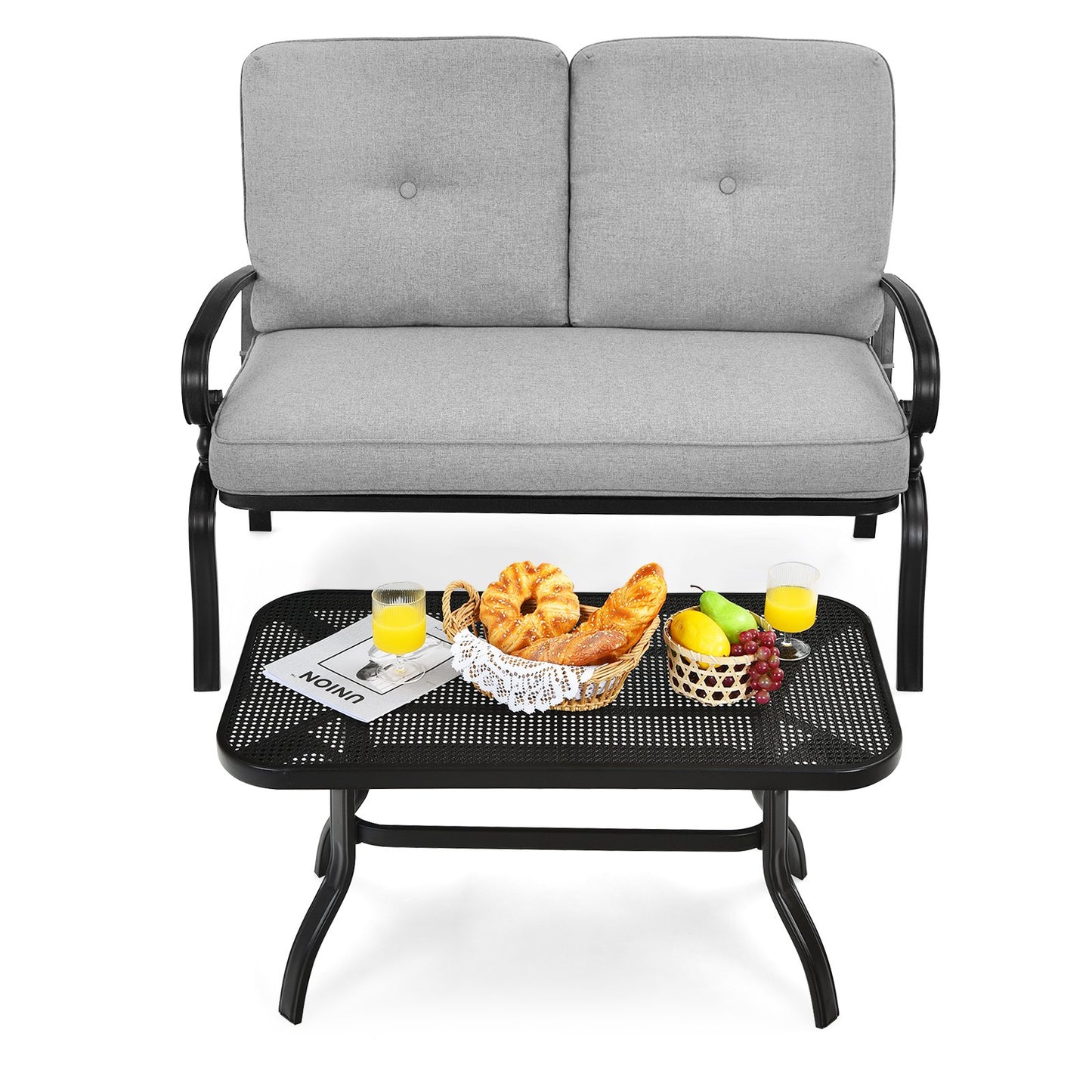 Garden Furniture Set with 2 Seat Cushioned Sofa and Coffee Table-Grey