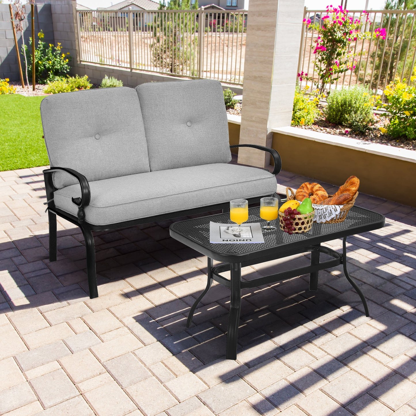Garden Furniture Set with 2 Seat Cushioned Sofa and Coffee Table-Grey