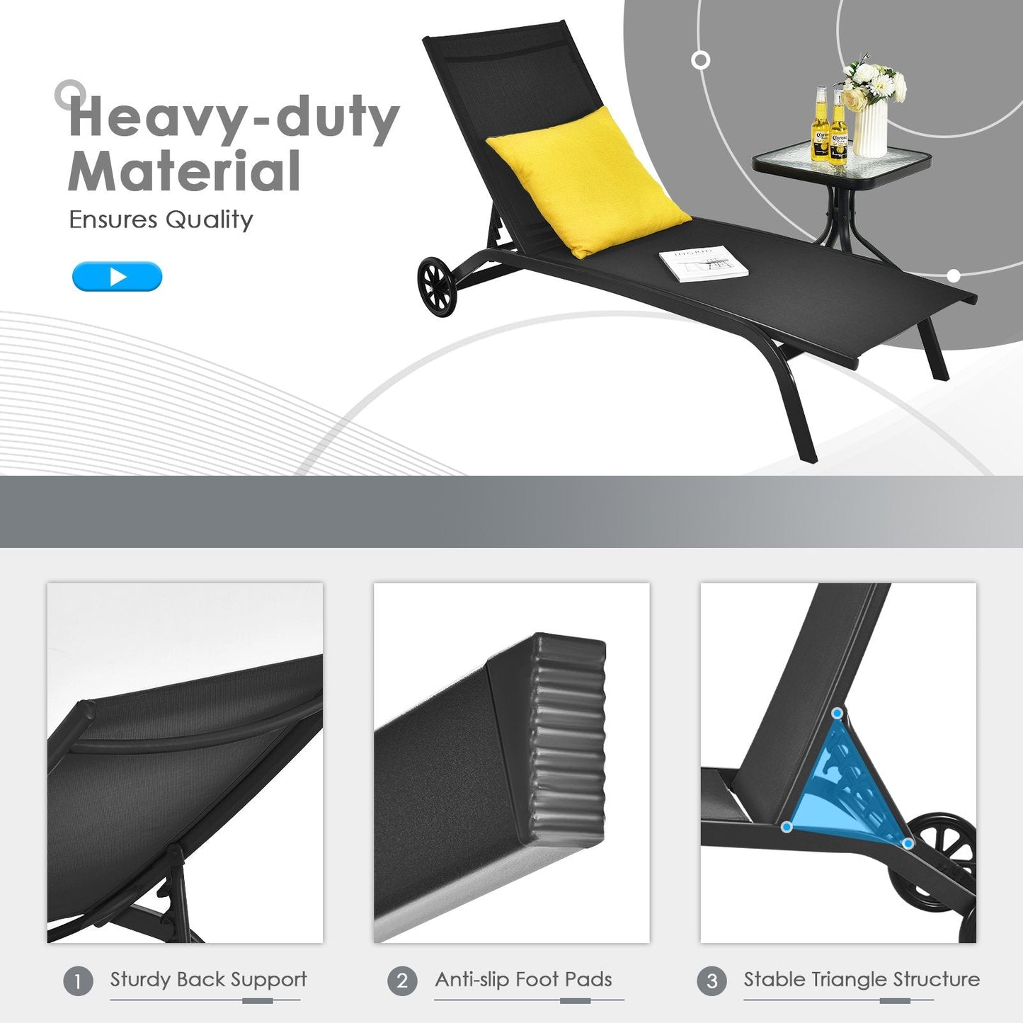 Adjustable Chaise Lounge with Smooth Wheels and Quick-drying Fabric-Black