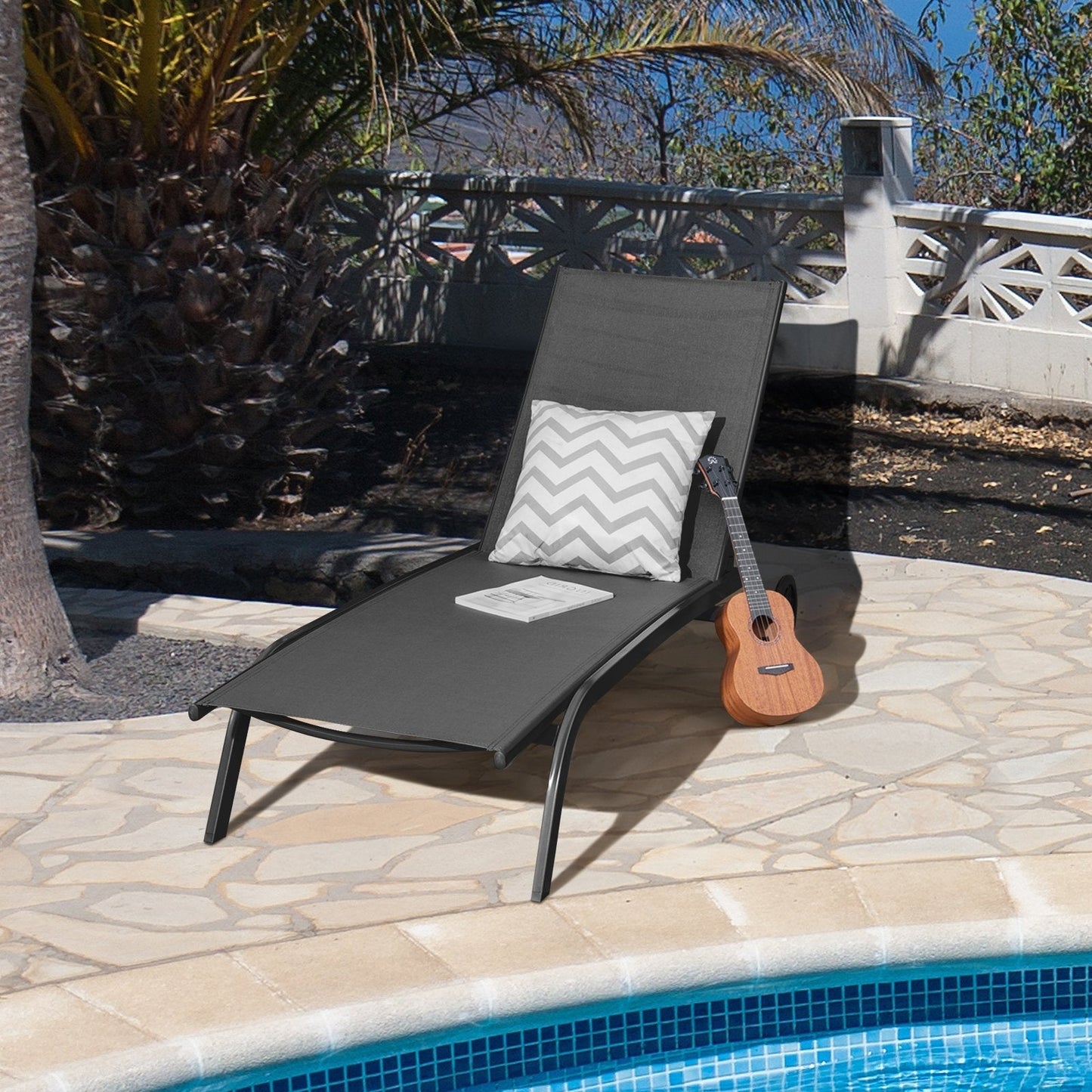 Adjustable Chaise Lounge with Smooth Wheels and Quick-drying Fabric-Black