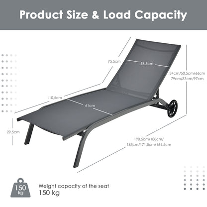 Adjustable Chaise Lounge with Smooth Wheels and Quick-drying Fabric-Grey