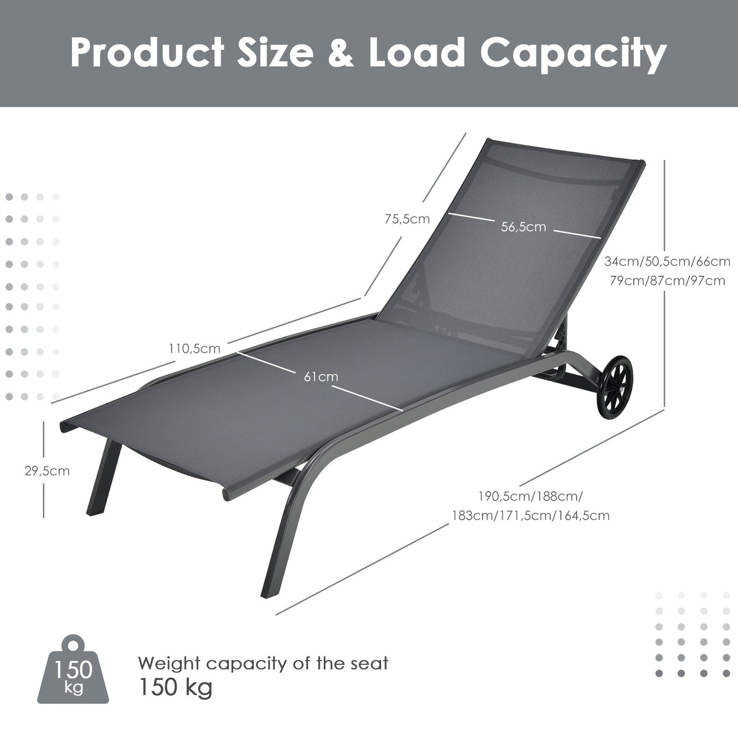 Adjustable Chaise Lounge with Smooth Wheels and Quick-drying Fabric-Grey