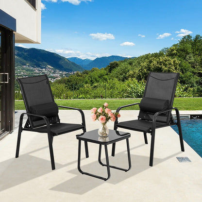 3 Pieces Patio Bistro Set with Coffee Table and 2 Stackable Chairs-Black