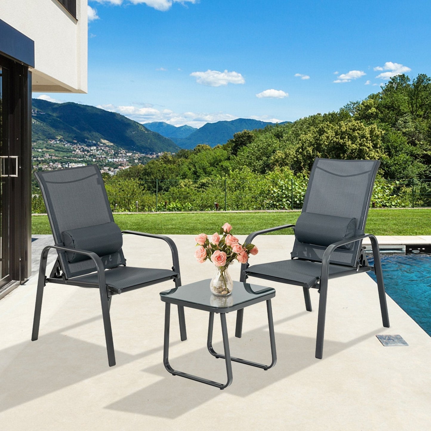 3 Pieces Patio Bistro Set with Coffee Table and 2 Stackable Chairs-Grey