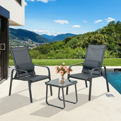 3 Pieces Patio Bistro Set with Coffee Table and 2 Stackable Chairs-Grey