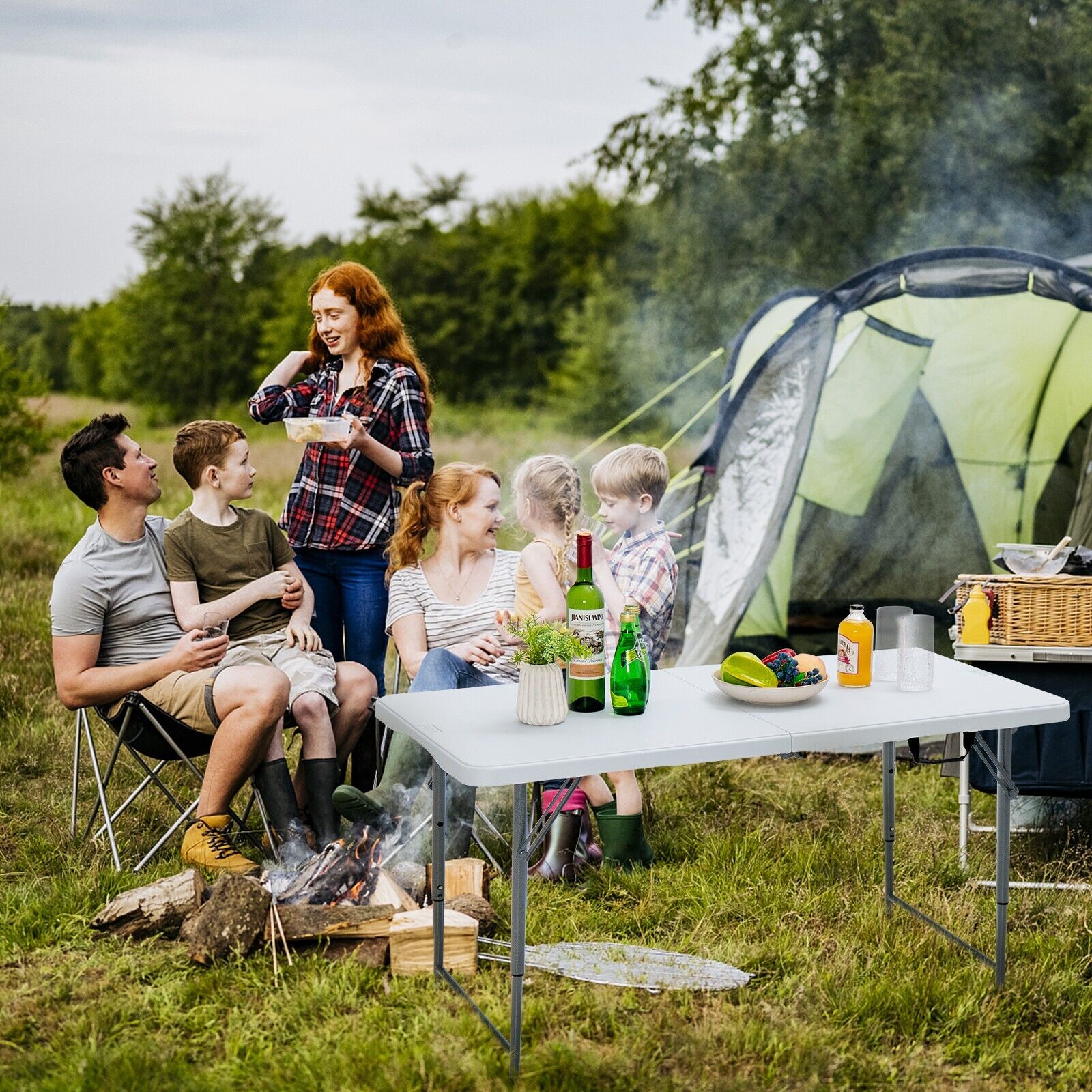 Portable Bi-fold Picnic Table with 3-Level Height Adjustment