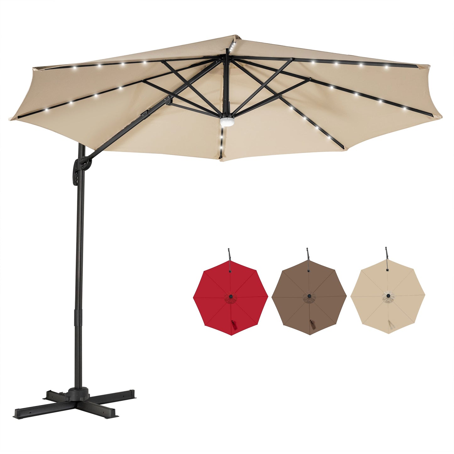 10 Feet Cantilever Solar Umbrella 28LED Lighted Patio Offset Tilt 360° for Outdoor-Beige