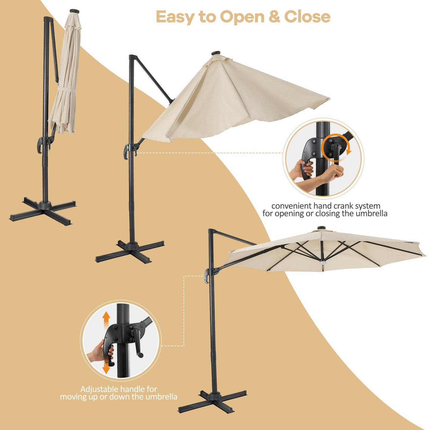 10 Feet Cantilever Solar Umbrella 28LED Lighted Patio Offset Tilt 360° for Outdoor-Beige