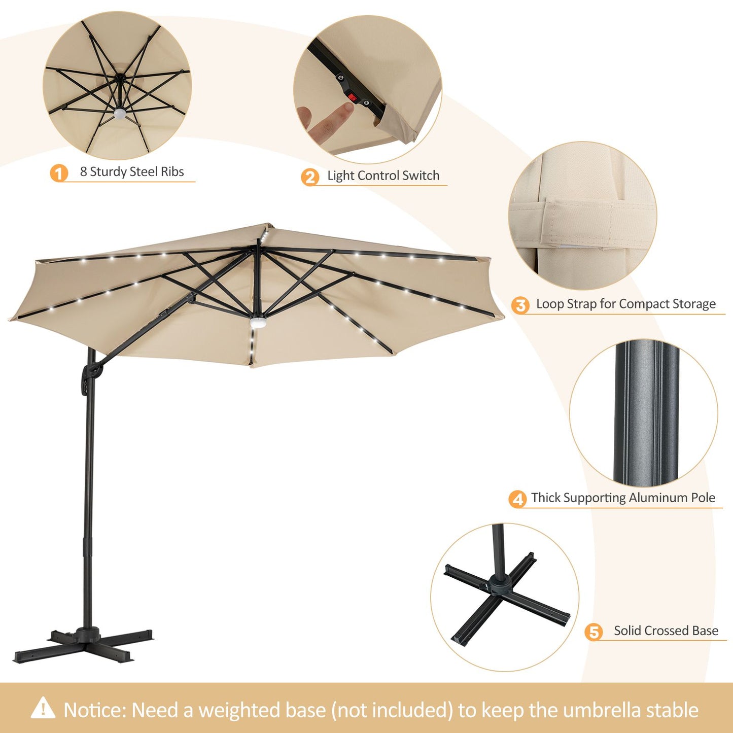 10 Feet Cantilever Solar Umbrella 28LED Lighted Patio Offset Tilt 360° for Outdoor-Beige