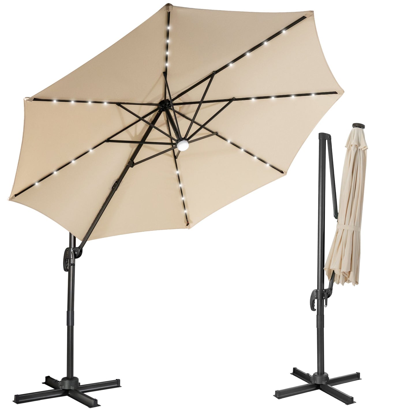 10 Feet Cantilever Solar Umbrella 28LED Lighted Patio Offset Tilt 360° for Outdoor-Beige