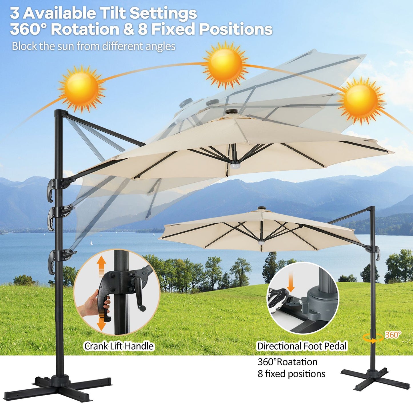 10 Feet Cantilever Solar Umbrella 28LED Lighted Patio Offset Tilt 360° for Outdoor-Beige