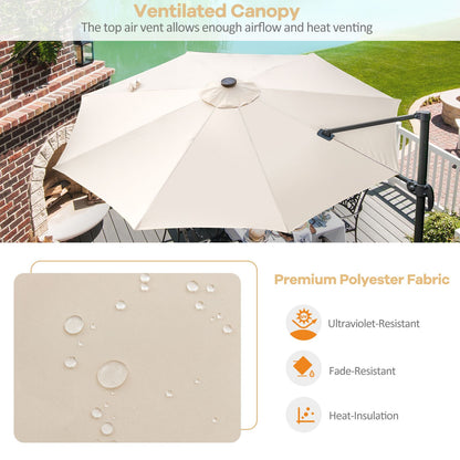 10 Feet Cantilever Solar Umbrella 28LED Lighted Patio Offset Tilt 360° for Outdoor-Beige