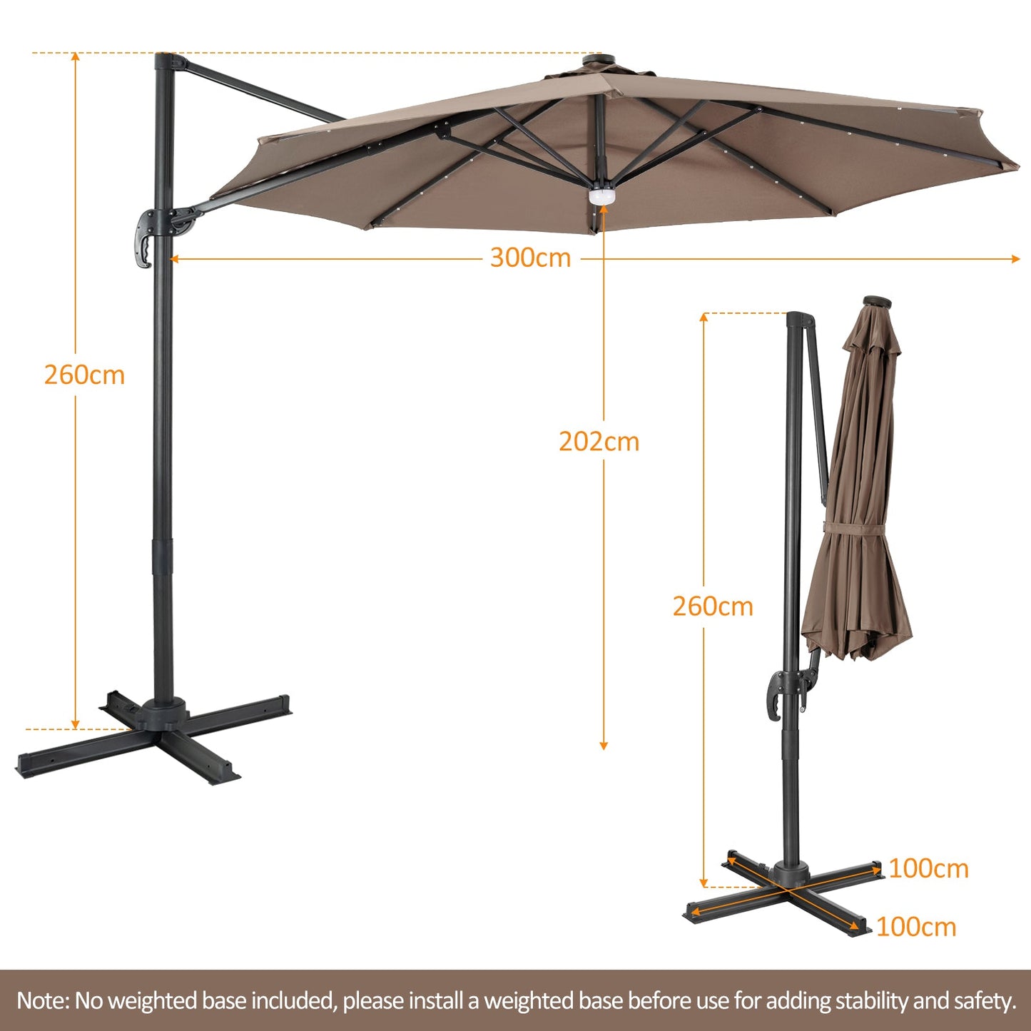 10 Feet Cantilever Solar Umbrella 28LED Lighted Patio Offset Tilt 360¬∞ for Outdoor-Brown