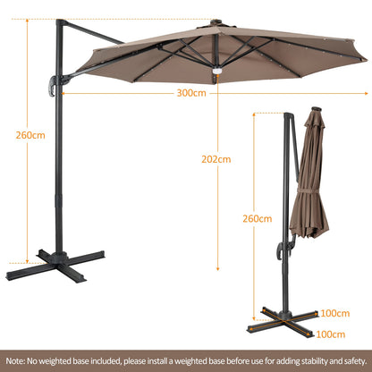 10 Feet Cantilever Solar Umbrella 28LED Lighted Patio Offset Tilt 360¬∞ for Outdoor-Brown