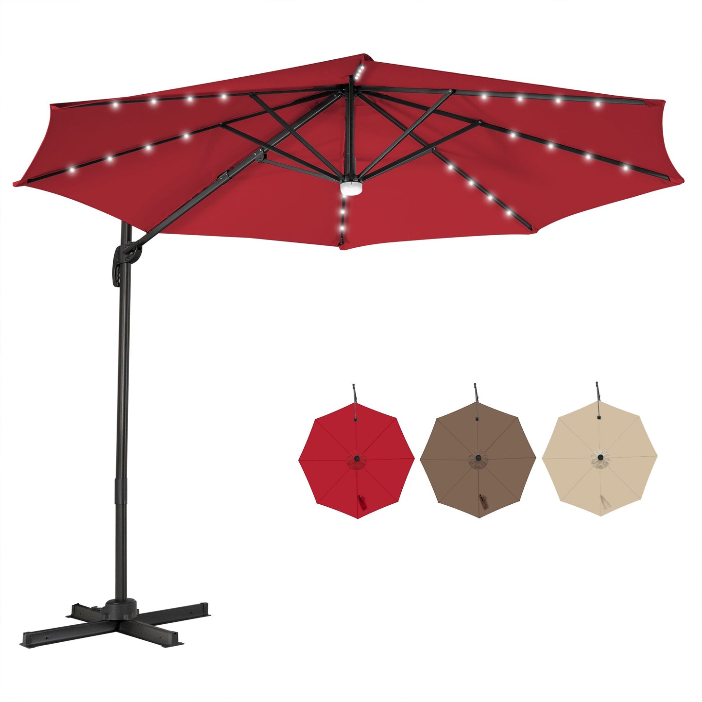 10 Feet Cantilever Solar Umbrella 28LED Lighted Patio Offset Tilt 360° for Outdoor-Wine