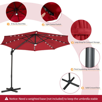 10 Feet Cantilever Solar Umbrella 28LED Lighted Patio Offset Tilt 360° for Outdoor-Wine